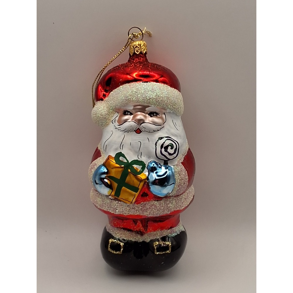 Red Glass Santa Claus Christmas Ornament with Gift and Lollipop Glitter Trim